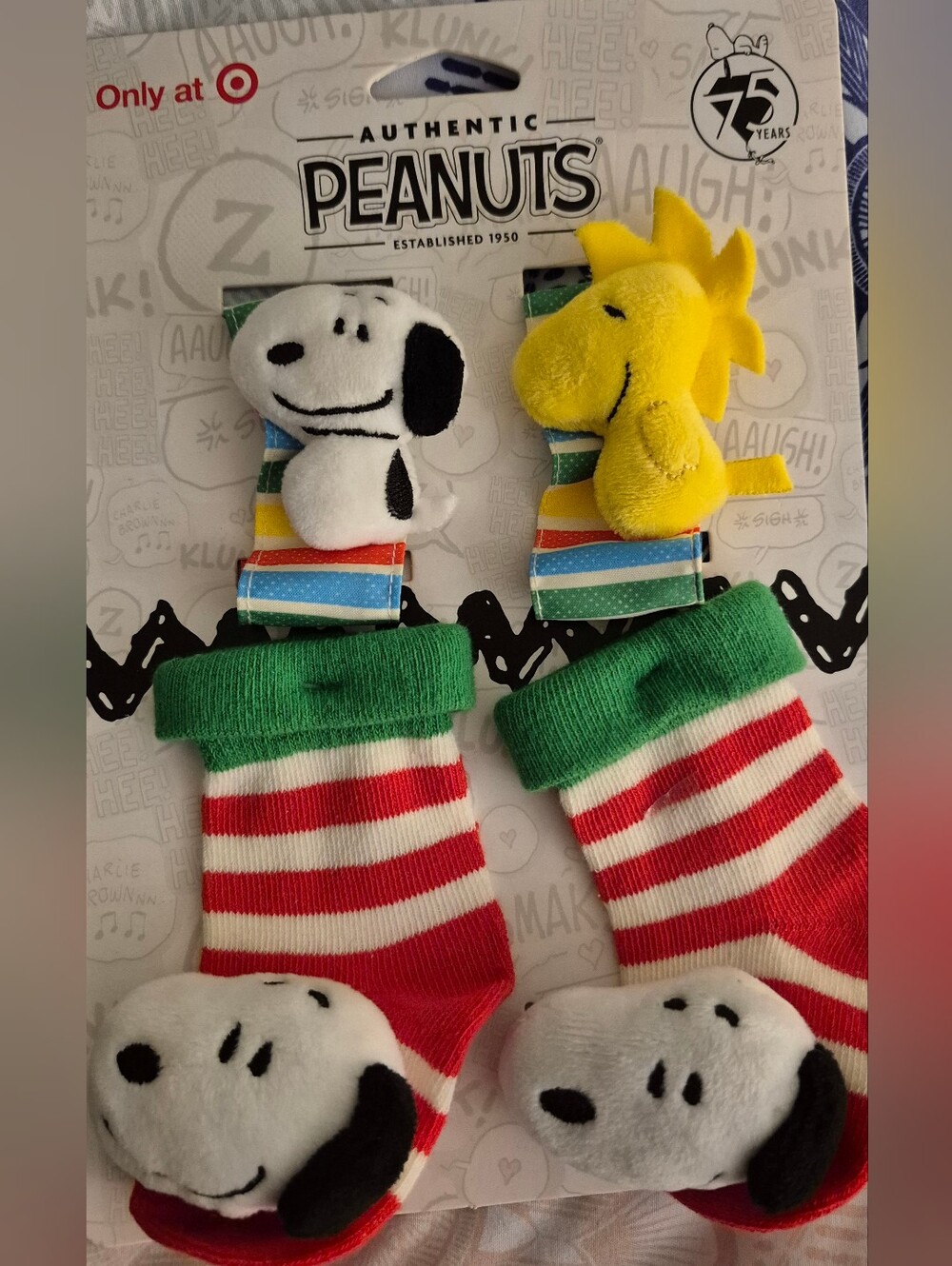 Authentic Peanuts Baby Foot And Wrist Rattles with Snoopy & Woodstock